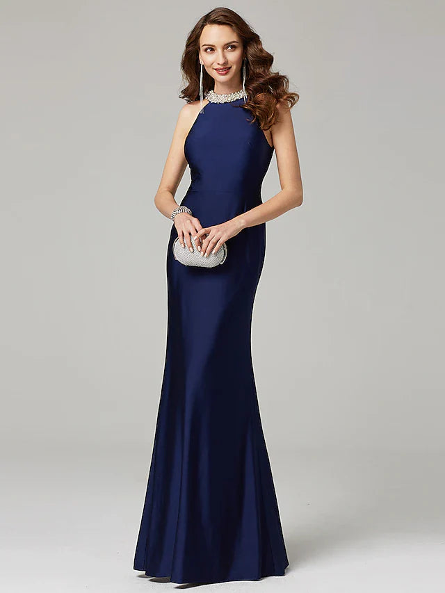 Wholesale Sheath / Column Mother of the Bride Dress Elegant Sexy Jewel Neck Floor Length Charmeuse Sleeveless with Pearls